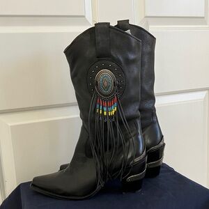 Black Leather Western Fringe Boots